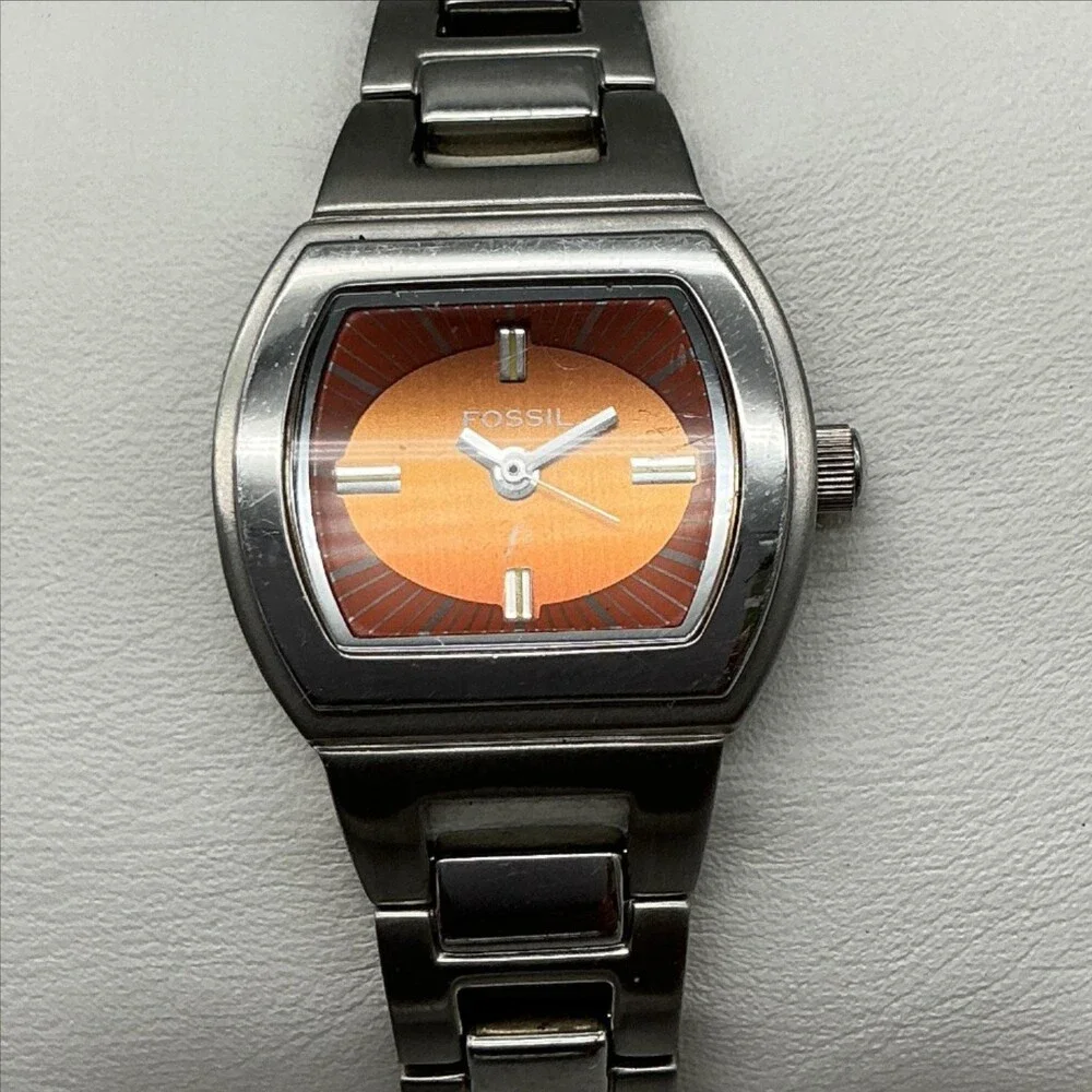 Fossil ES-9795 Womens Watch 23mm Orange Dial Stainless New Battery 6.25